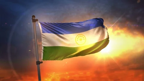 Bashkortostan Flag Backlit At Beautiful Sunrise Loop Slow Motion 4K Stock Footage 76251529