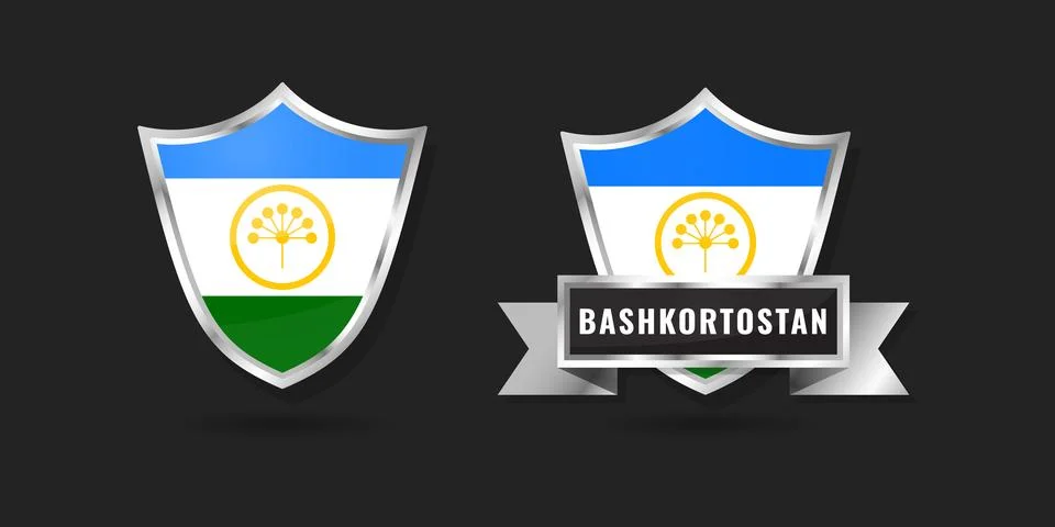 Bashkortostan Flag Shield Emblem Set, Republic Glossy Silver Badges with Ri.. Stock Illustration
