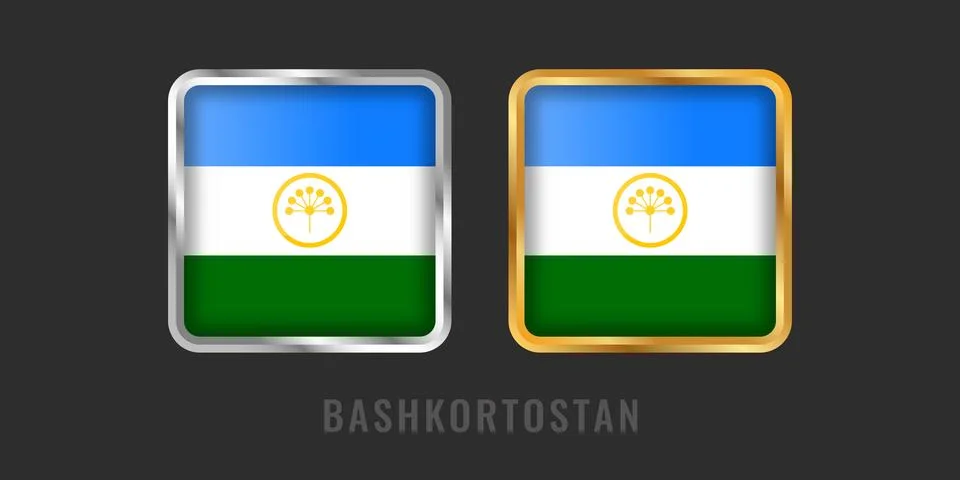 Bashkortostan Flag Square 3D Button Set in Gold and Silver Frames Stock-Illustration