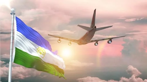 Bashkortostan flag Waving Realistic With Sky Plane Takes Off At Sunrise Stock Footage 294595569