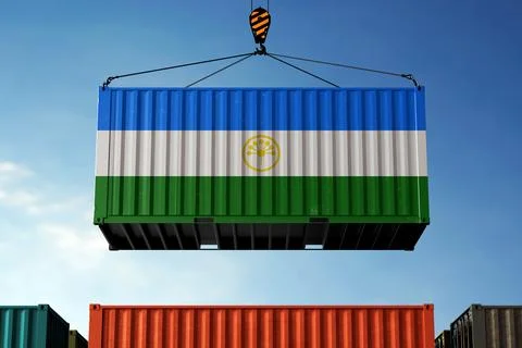 Bashkortostan trade cargo container hanging against clouds background 스톡 일러스트