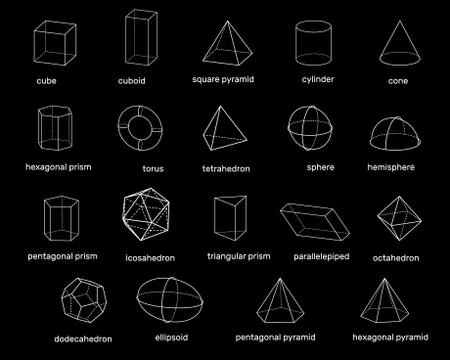 Basic 3d geometric shapes. Isolated on black background. Vector illustration. 库存插图
