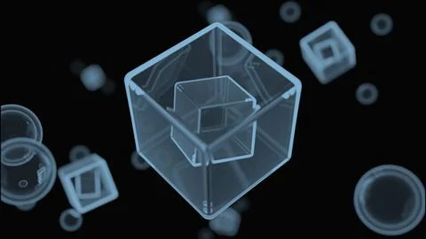 Basic 3D geometric shapes spinning on a black background. Design. Concept of Illustrazione stock