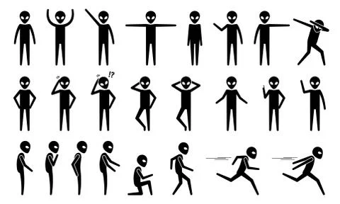 Basic alien UFO body poses and postures stick figure pictogram icons. Vector  Stock Illustration