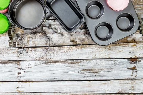 Basic Baking tools from overhead view Cooking concept Stock Photos