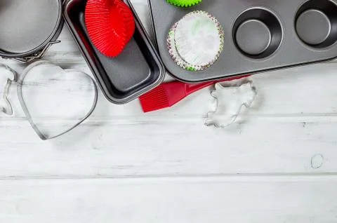 Basic Baking tools from overhead view Cooking concept Stock Photos