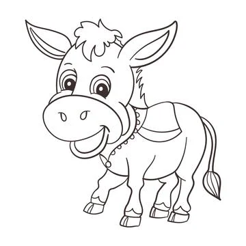 A basic black and white outline of a happy cartoon donkey decorative line a.. 스톡 일러스트