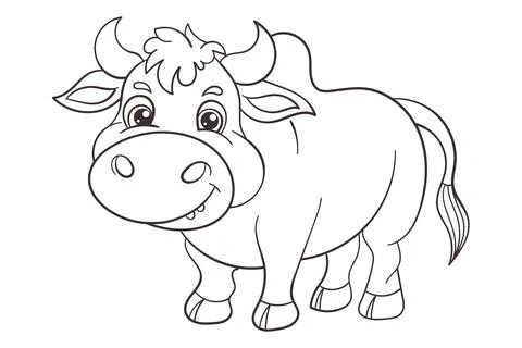 A basic black and white outline of a happy cartoon cow a simple and easy-to.. 스톡 일러스트