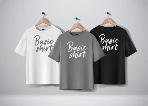 Basic Black, gray and white short sleeve T-Shirts Mock-up clothes hanging Stock Illustration