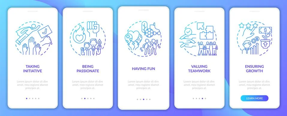 Basic business core values onboarding mobile app page screen with concepts Illustrazione stock