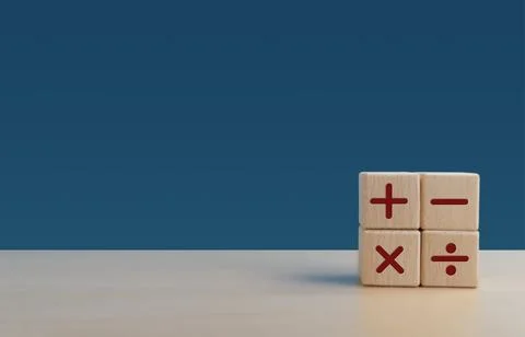 Basic Calculation, Addition, Subtraction, Multiplication, Division on Woode.. Stock Photos