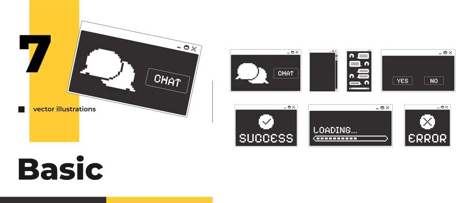 Basic chat and system monochrome pixel pop-up window pack Stock Illustration