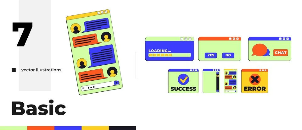 Basic chat and system neo brutalism pop-up UI window pack Stock Illustration