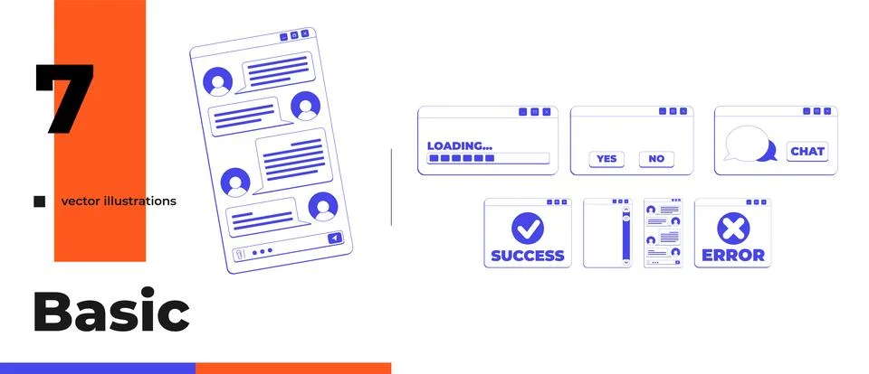 Basic chat and system neo brutalism line popup window pack Stock Illustration