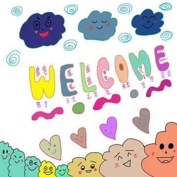 Basic colorful lineart with WELCOME letters and smiling face clouds,in cart.. Ilustração Stock