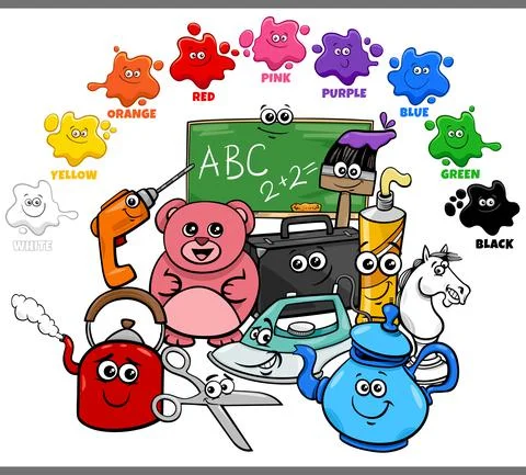 Basic colors for children with object characters group Stock Illustration