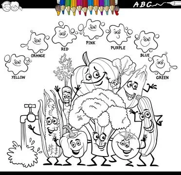 Basic colors color book with vegetables characters Black and White Cartoon... Stock Photos