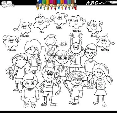 Basic colors coloring book with happy kids Black and White Cartoon Illustr... Stock Photos