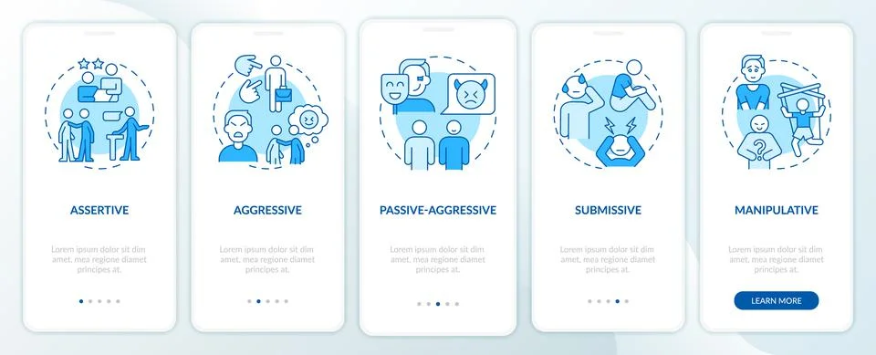 Basic communication styles blue onboarding mobile app screen 库存插图