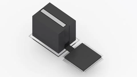 Basic computer equipment parts, isometric ,ic components, capacitor ,3d ren.. Stock Illustration