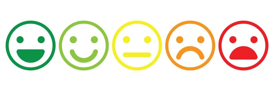 Basic emoticons set. Five facial expression of feedback scale - from positive to Stock Illustration