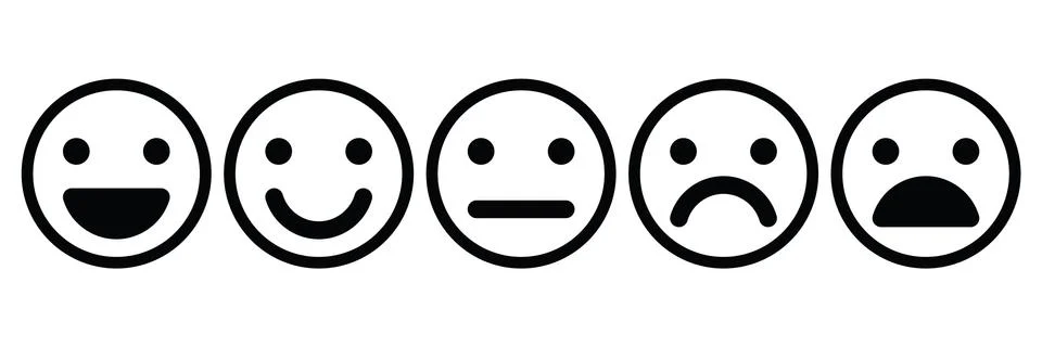 Basic emoticons set. Five facial expression of feedback - from positive to Illustrazione stock