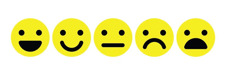 Basic emoticons set. Five facial expression of feedback scale - from positive to Stock Illustration