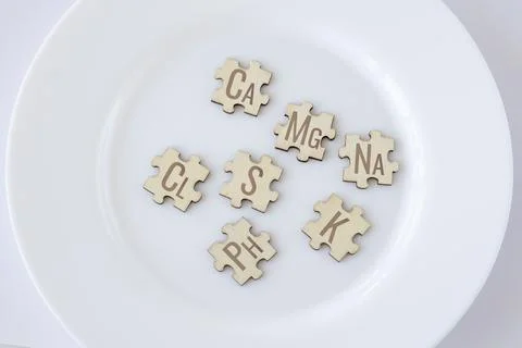 Basic essential macronutrients for humans written on wooden puzzles lying on a Stock Photos