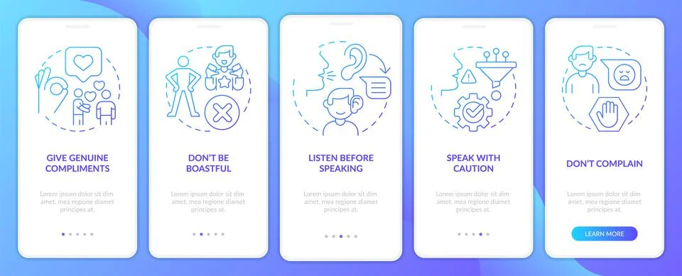 Basic etiquette rules blue gradient onboarding mobile app screen Illustrazione stock