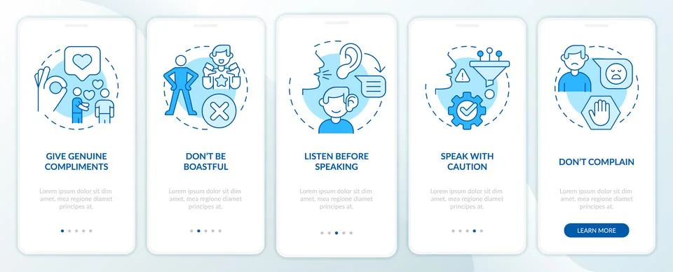 Basic etiquette rules blue onboarding mobile app screen Stock Illustration