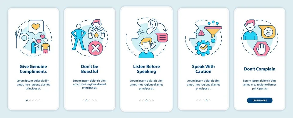 Basic etiquette rules onboarding mobile app screen 库存插图