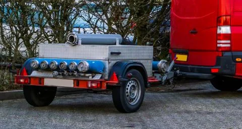 Basic fire department equipment, Trailer with fire hose and fittings, trailer Stock Photos
