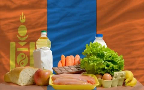 Basic food groceries in front of mongolia national flag 写真素材