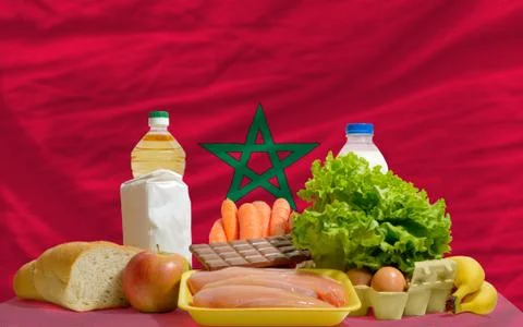 Basic food groceries in front of morocco national flag Foto stock