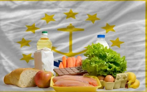 Basic food groceries in front of rhode island us state flag 写真素材