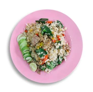 Basic fried rice pork on pink plate Stock Photos