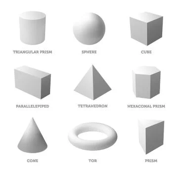 Basic geometric shapes and bodies. Solid bodies. Realistic vector Stock Illustration