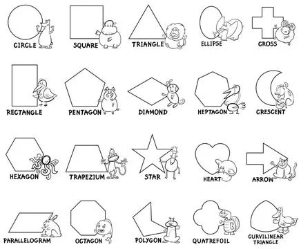 Basic geometric shapes with animal characters Black and White Cartoon Illu... Stock Photos
