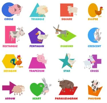 Basic geometric shapes with cartoon farm animals set Stock Illustration