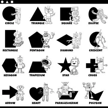 Basic geometric shapes with cartoon robots coloring page Illustrazione stock