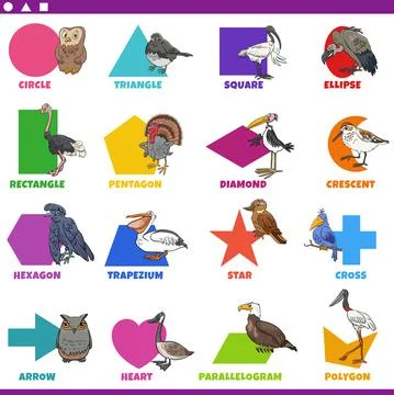 Basic geometric shapes with comic birds characters set イラスト素材