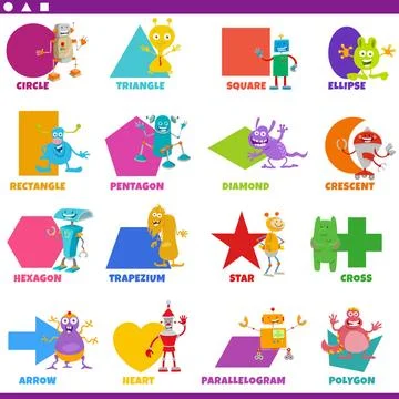Basic geometric shapes with comic fantasy characters set Educational carto... Stock Photos