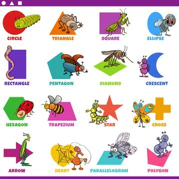 Basic geometric shapes with comic insects characters set Illustrazione stock