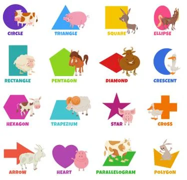 Basic geometric shapes with cute farm animals set Illustrazione stock