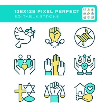 Basic human rights pixel perfect line color icons set Stockillustratie
