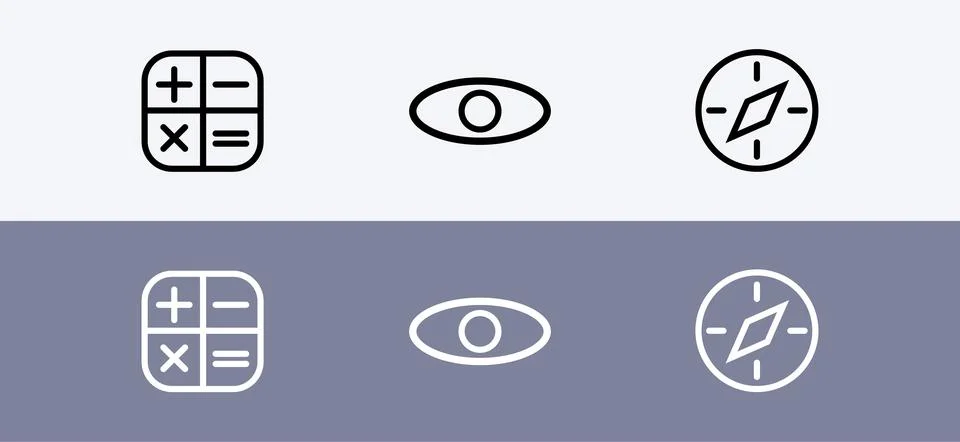 Basic icon pack - calculator, visibility and navigation icon 스톡 일러스트