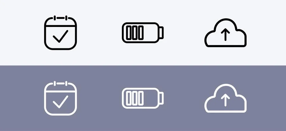 Basic icon pack - calendar , battery and cloud upload icon Ilustración de archivo