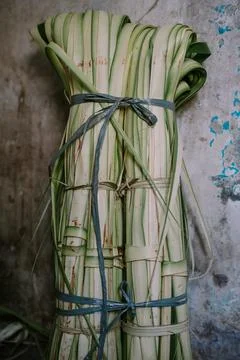 The basic ingredient for ketupat is young coconut leaves which are split in.. Stock Photos