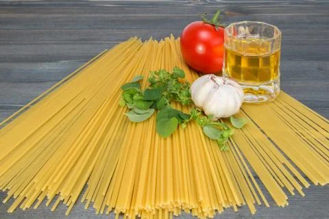 Basic ingredients for cooking spaghetti Stock Photos