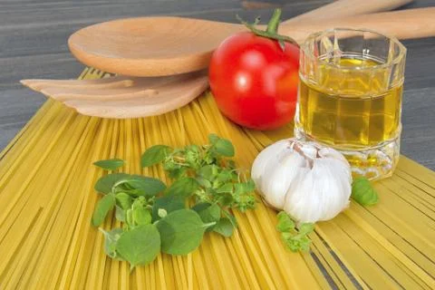 Basic ingredients for cooking spaghetti Stock Photos